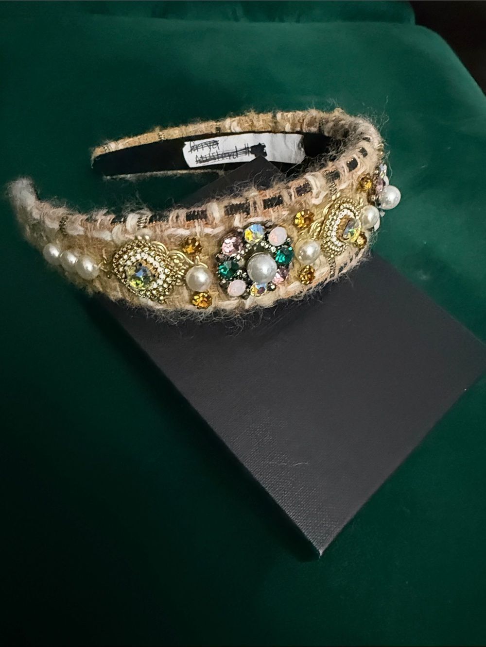Embellished Beige Tweed Headband with Pearls and Multicolor Crystals - BRAND NEW